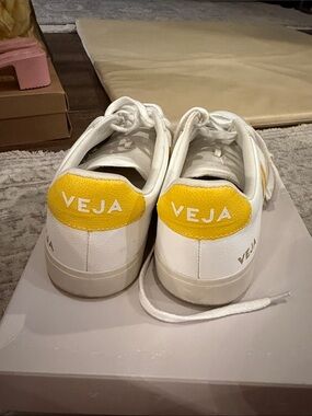 Veja White Leather Sneakers with Yellow Heel Patch